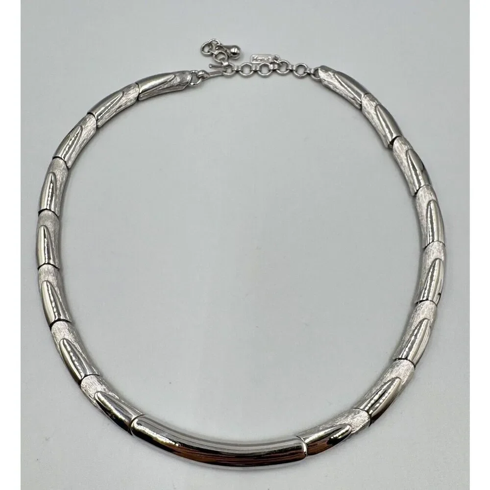 Monet Signed Silver Tone Brushed Polished Vintage Choker Necklace Estate Jewelry